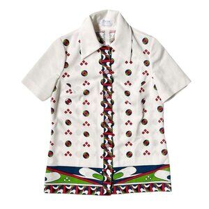 70s vintage abstract pattern blouse short sleeve pointed collar geometric print.